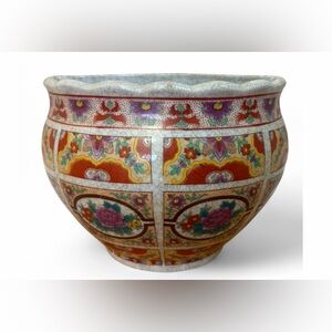 Vintage Asian Ceramic Floral Geometric Wall Pocket Planter Vase Jardiniere Decor